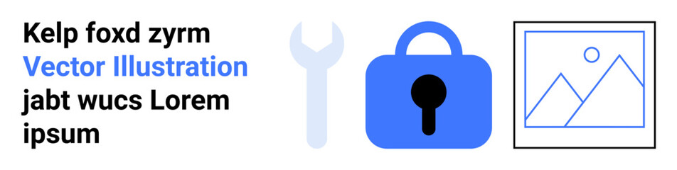 Blue secure lock, wrench, and mountain image beside placeholder text. Ideal for security services, tech tutorials, maintenance guides, design portfolios, online courses, software tools, digital