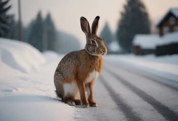 Obraz premium Rabbit on a road in the winter forest. Animal in nature. AI generated
