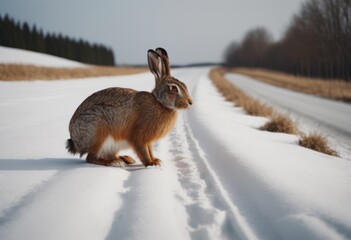 Obraz premium Hare on the road in winter. AI generated