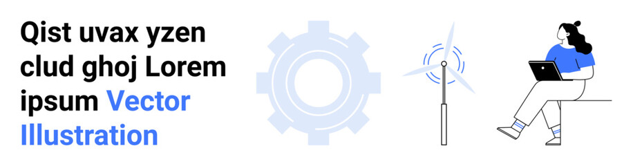 Gear, wind turbine, person with laptop. Ideal for technology, renewable energy, innovation, engineering, sustainability illustration education Landing page