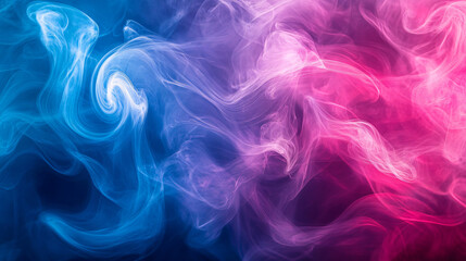 Obraz premium Abstract shapes, patterns, and textures created by blue and pink smoke on a black background