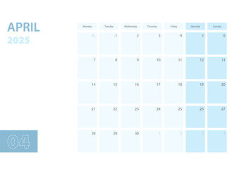 Calendar template for the April  2025, the week starts on Monday. The calendar is in a blue color scheme.