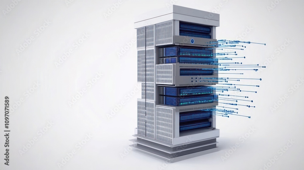 Fototapete A digital server tower with data streams, symbolizing technology and data processing.