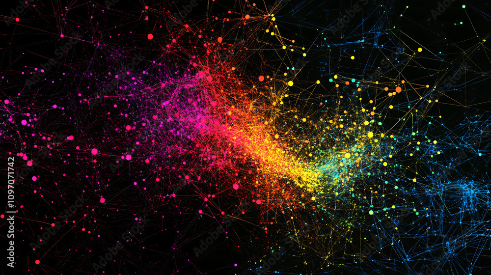 Aufkleber Vibrant plexus network with swirling shapes, connecting lines, and dots evolving against a dark backdrop