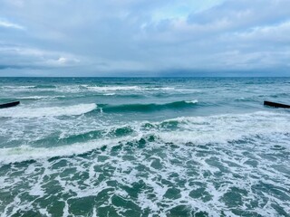 Natural seascape background, cloudy sea horizon