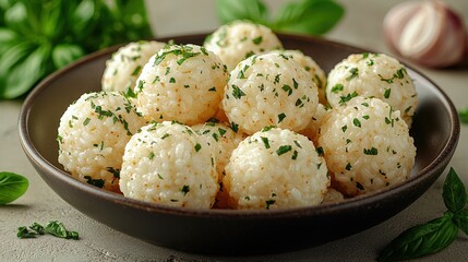 Herb-infused rice balls in rustic bowl with fresh basil and garlic