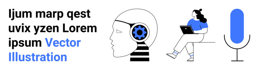 Head with gear representing artificial intelligence, person with laptop symbolizes remote work, large blue microphone. Ideal for tech innovation, digital communication, AI interfaces, remote work