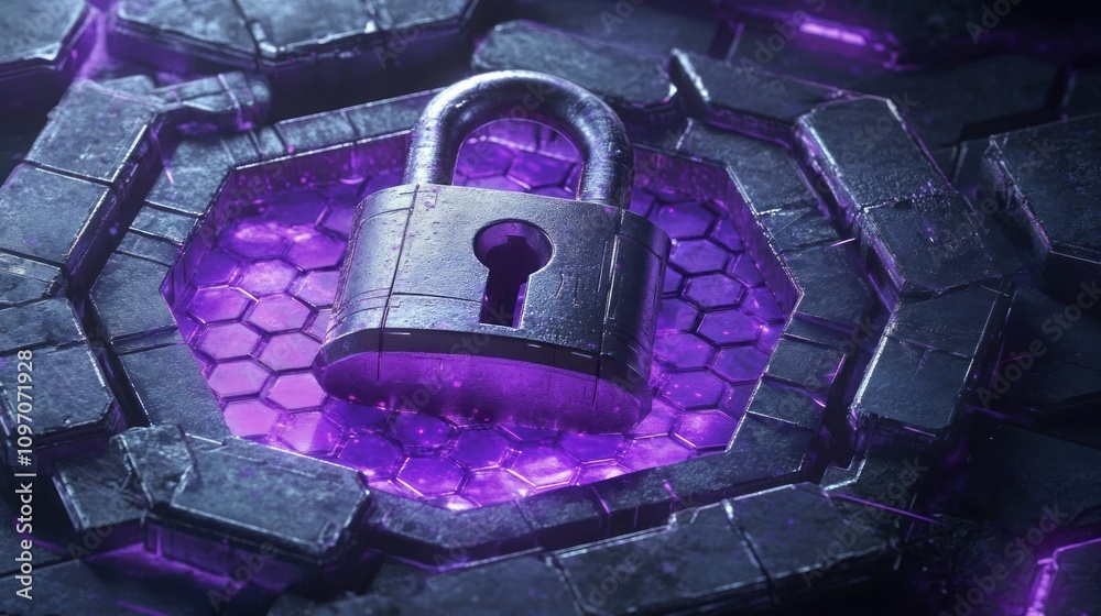 Poster A digital lock rests on a hexagonal stone surface illuminated by purple light.