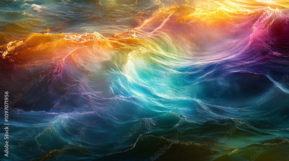 Poster Vibrant ocean waves flowing and creating a mesmerizing abstract pattern with rainbow colors