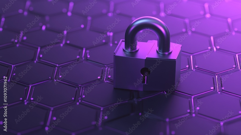 Poster A metallic padlock on a hexagonal patterned surface, illuminated with purple lighting.