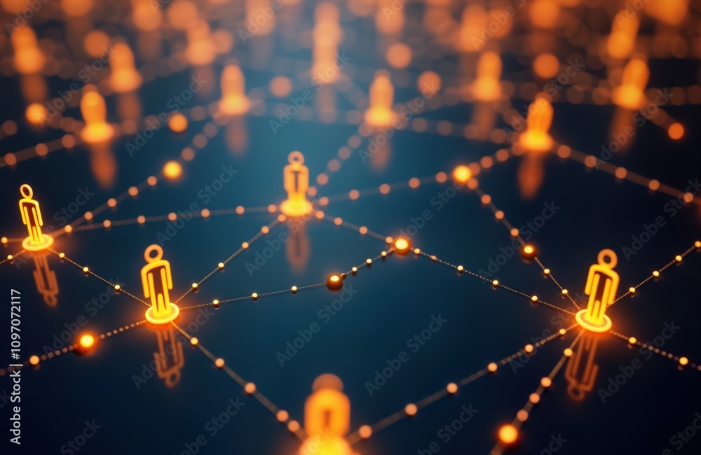 Poster glowing human figures form network. digital nodes connect people online. abstract social media conce