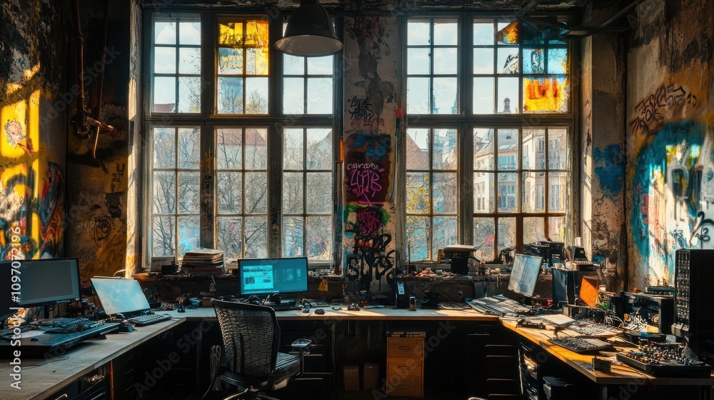Poster a cluttered workspace with computers and vibrant graffiti on the walls.