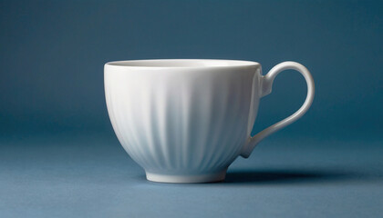 White porcelain cup for tea, coffee on a blue background. Mockup.