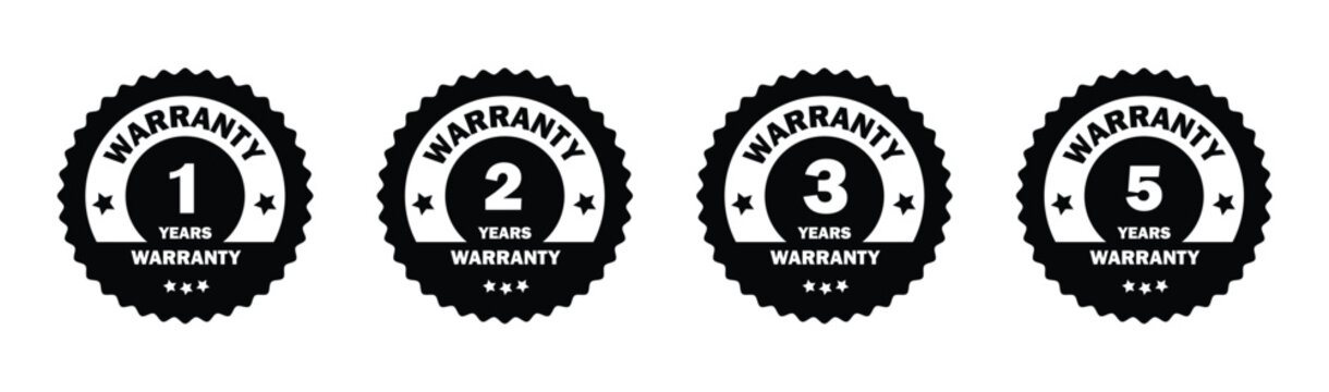 Warranty icon set, containing 1, 2, 3,  and 5 years seal guarantee certificate symbol in black shiny color  isolated on white background.