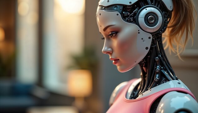 AI humanoid robot woman. Female android has blonde hair. Close-up portrait. Modern tech. AI beauty. Artificial intelligence. Future tech. Realistic robot.