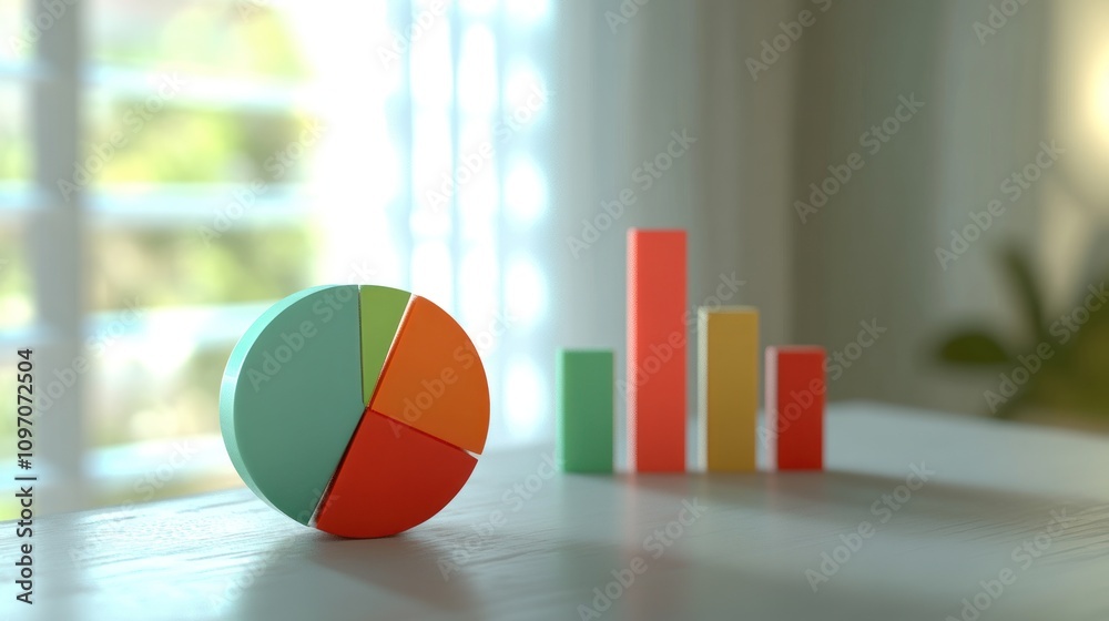 Aufkleber A colorful pie chart and bar graph on a table, illustrating data visualization concepts.