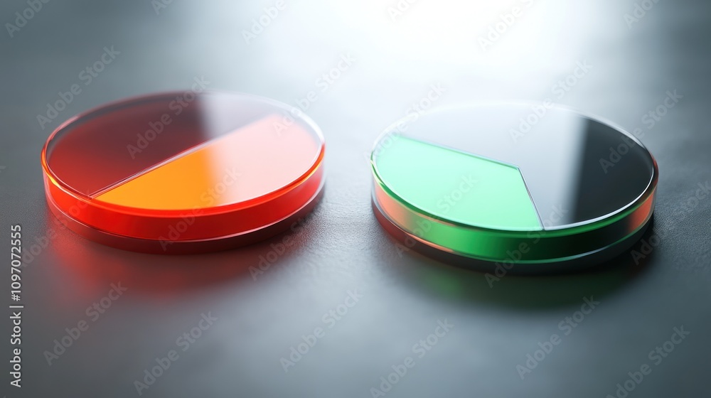Poster two circular buttons, one red with orange and one green, set against a dark background.