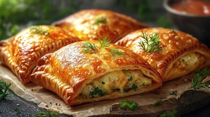 Golden flaky pastries with savory herb and cheese filling on rustic paper