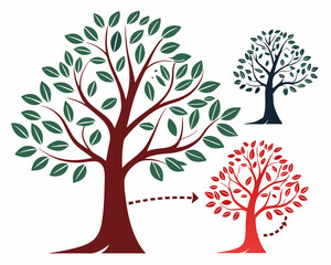 Fototapeta premium A vector art design features a set of four seasons tree silhouettes, illustrating nature's seasonal growth with green leaves in spring and summer, floral blossoms, autumn's fall foliage, and bare bran