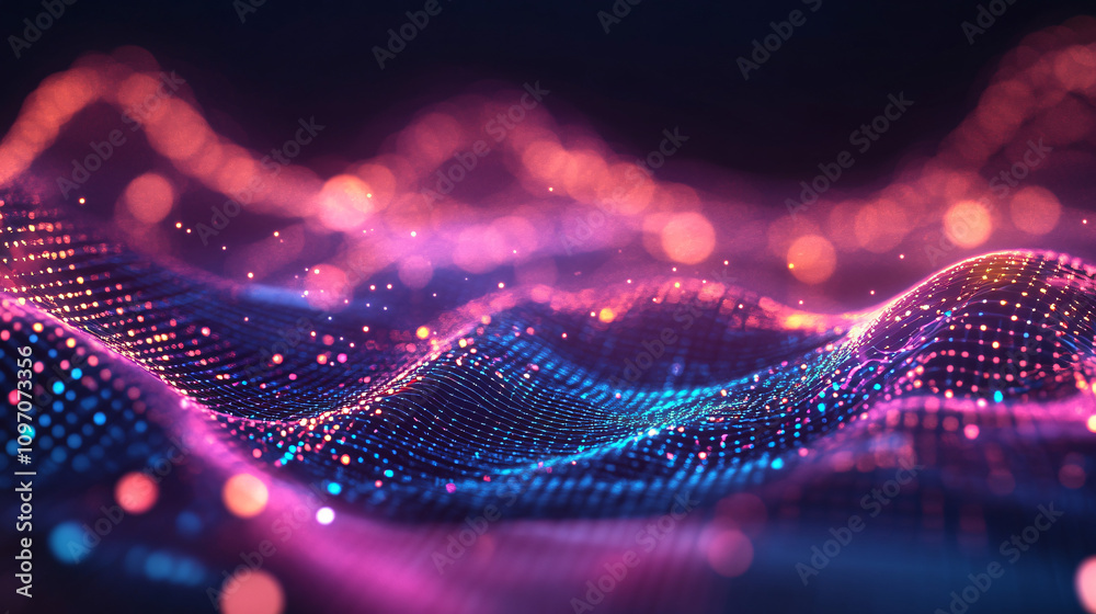 Aufkleber Futuristic abstract particle grid waves with depth of field and bokeh effect