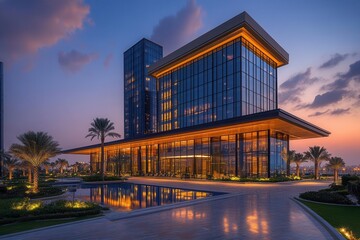 Obraz premium kafd buildings in riyadh illuminated during the blue hour, a stunning urban landscape with a blend of modern architecture and the enchanting dusk sky