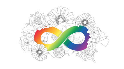 Infinity rainbow symbol decorated black and white flowers. Autism pride symbol with round shape vector illustration. infinity sign in rainbow spectrum colors. Neurodiversity awareness and acceptance.