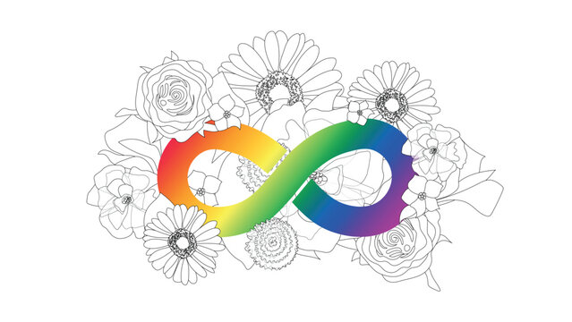 Infinity rainbow symbol decorated black and white flowers. Autism pride symbol with round shape vector illustration. infinity sign in rainbow spectrum colors. Neurodiversity awareness and acceptance.	