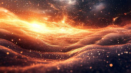 Obraz premium Shimmering gold particles forming an abstract hill scene under a starry cosmic sky