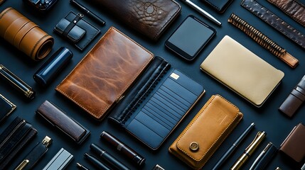 Leather wallets, notebooks, pens, and gadgets are organized artistically on a dark background, highlighting personal style and function