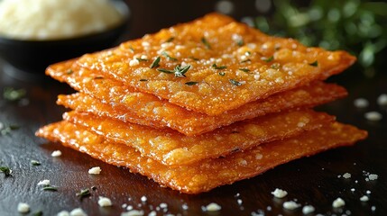 Crispy parmesan cheese crackers with herbs on a rustic wooden table
