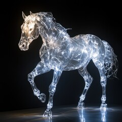 A glowing, abstract horse sculpture made of luminous materials.