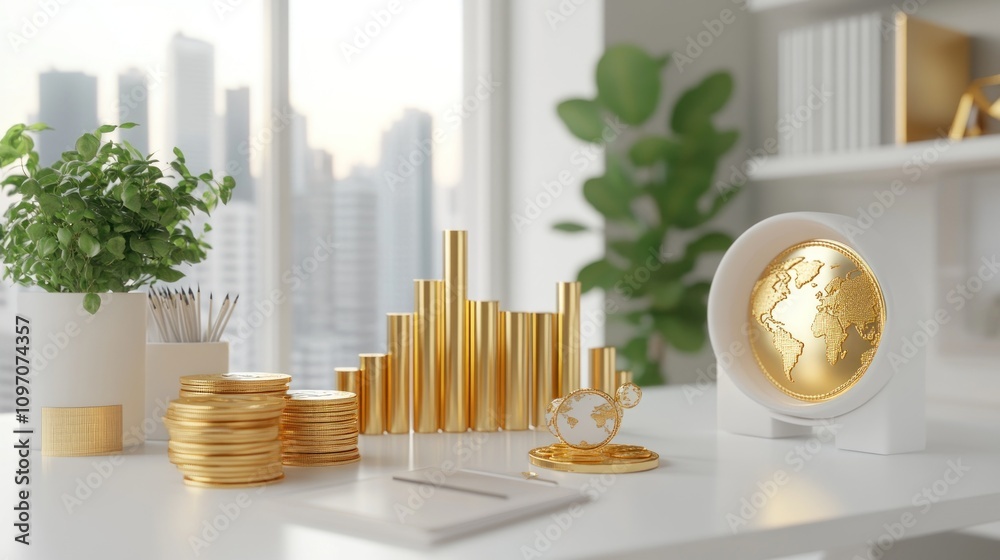 Aufkleber a modern workspace featuring financial elements and a globe, symbolizing global business.