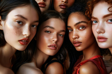 Fototapeta premium Group of women with different skin tones are posing for a photo. Scene is one of unity and diversity, as the women come together to celebrate their differences and similarities