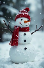 Fototapeta premium Snowmen standing in a winter Christmas landscape. Winter background. Festive mood. 