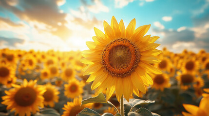 Fototapeta premium Sunlit Sunflower Field at Sunset