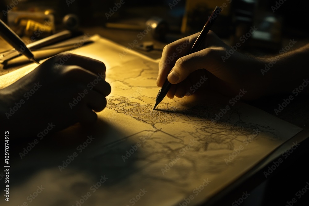 Poster two hands sketching a detailed map on a dimly lit workspace.