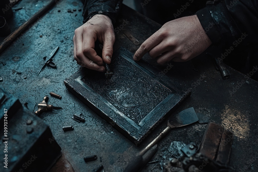 Poster a person working on an ornate frame, surrounded by tools and materials on a cluttered table.