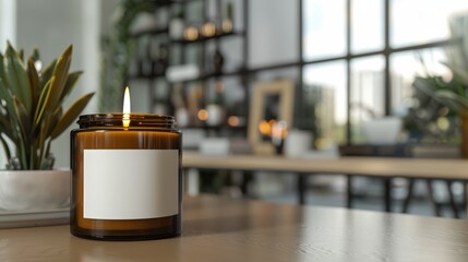 Realistic mock up of an 11oz amber candle with minimalist label in a modern office environment