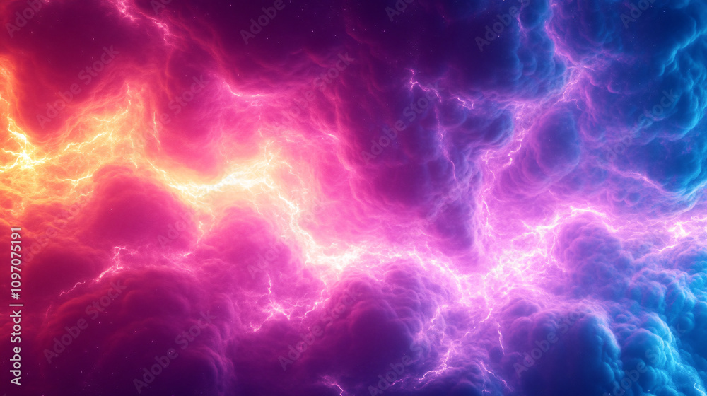 Poster captivating cosmic spectacle: hot and cold energy collide in a nebula, creating vibrant plasma strea