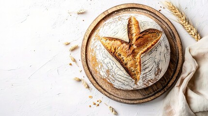 Fototapeta premium Fresh Loaf of Bread Isolated on Wooden Board with Wheat Stalks