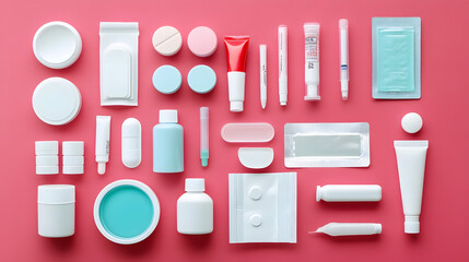 Fototapeta premium Medicine and Health Essential Supplies, First Aid Kit Components, Healthcare Necessities, Medical Supplies and Equipment, Pneumonia Aid