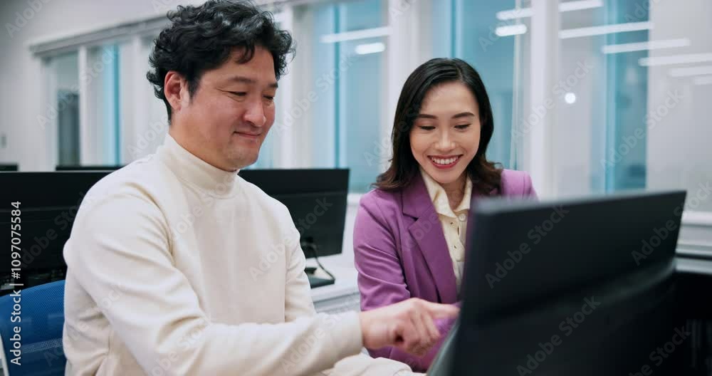 Poster japanese, business people and teamwork with tablet in office as software engineer for web agency. wo