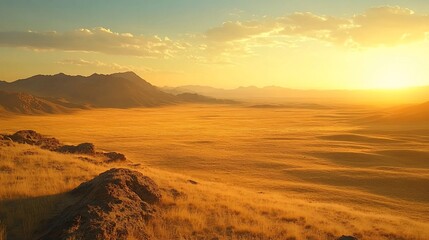 Golden sunset over vast desert plain and distant mountains.