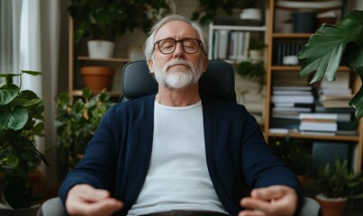 Senior employee practicing mindfulness in a calm workspace