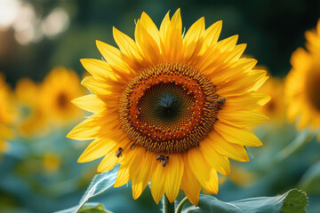 Fototapeta premium Vibrant Sunflower in Bloom with Bees