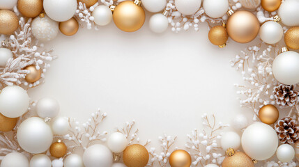 Elegant golden and white holiday decorations arranged in a decorative frame for celebrations