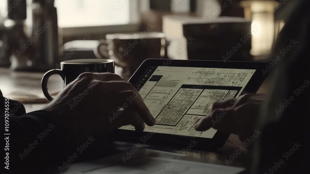 Poster A person interacts with a tablet displaying architectural plans in a cozy setting.