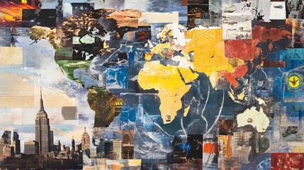 Fototapeta premium A Collage of World Exploration: A vibrant tapestry of global destinations, cityscapes, and cultural snapshots, capturing the essence of travel and interconnectedness.