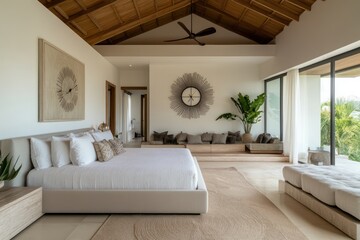 Spacious modern bedroom with a high ceiling, minimalist decor, and a statement wall clock.