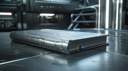 A silver book with a blue light on the cover. The book is on a table in a room with a metallic floor